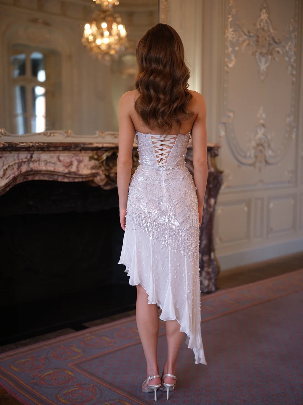 Rosie Etienne Serenity Strapless White Beaded Asymmetric Wedding Cocktail Dress - Picture 2 of 2